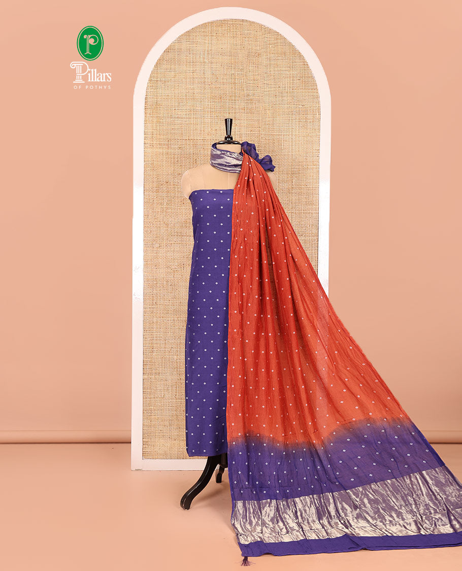 Violet and Rust Semi-Silk Material Churidar Set, Bedecked with Bandhani Dots Print, Comes with a Plain Santoon Bottom, and Paired with a Double-Colored Dupatta of Bandhani Dots Print