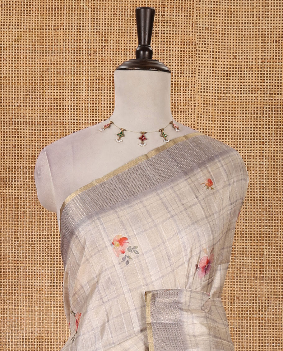 Grey Burberry checked & floral printed fancy tussar silk saree, zari woven border & zari checked pallu & matching blouse of striped & floral print