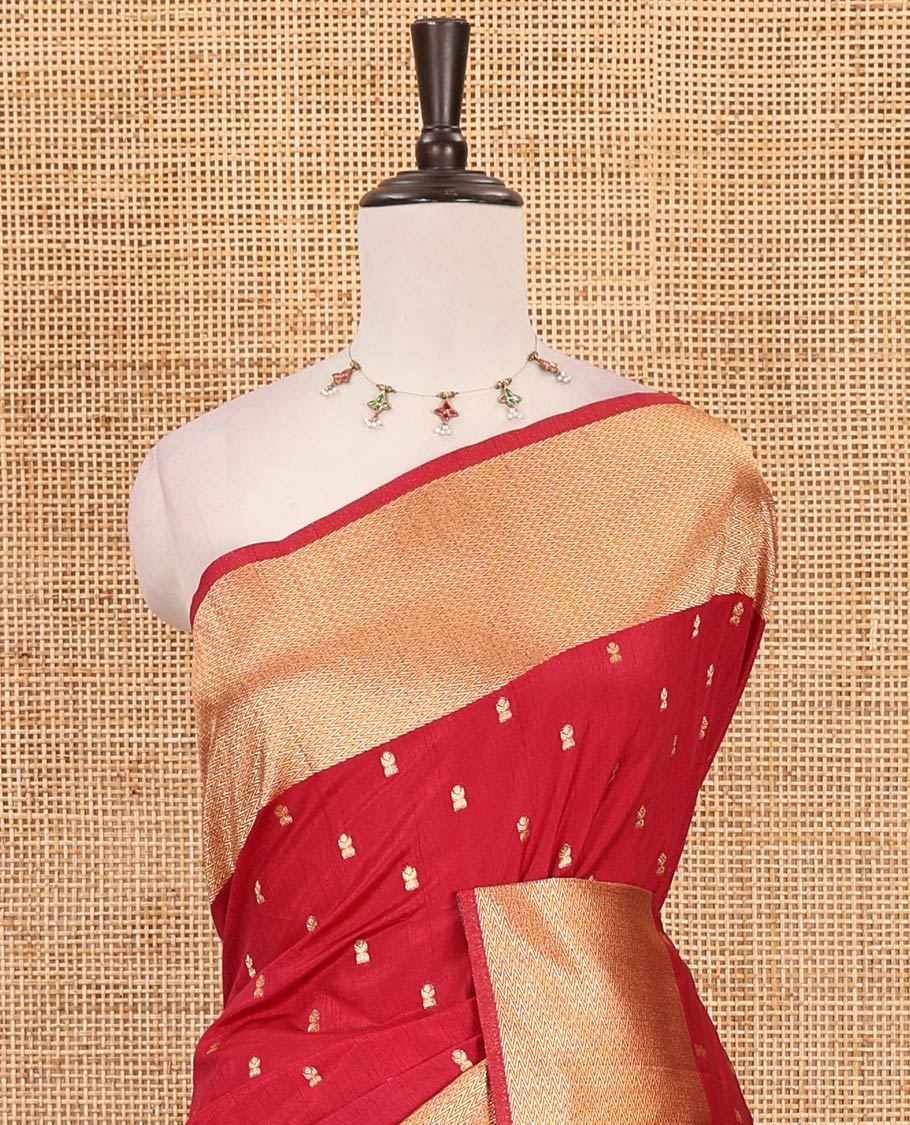 Dark pink zari buttas dola silk saree, vanki zari border, checked blouse & pallu of iruthalai pakshi, kuthirai, kili & yaanai designs