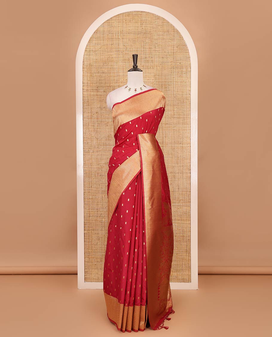 Dark pink zari buttas dola silk saree, vanki zari border, checked blouse & pallu of iruthalai pakshi, kuthirai, kili & yaanai designs