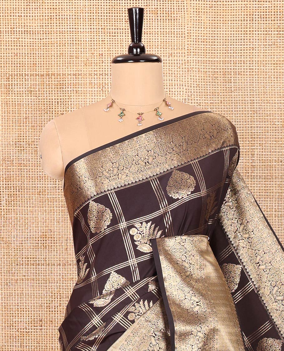 Coffee Brown Kanchipuram Budget Silk Saree Enriched with Zari Butta Enclosed Checks, Highlighted by Traditional Zari Design Border, Opulently Embellished Pallu, and Paired with a Matching Blouse