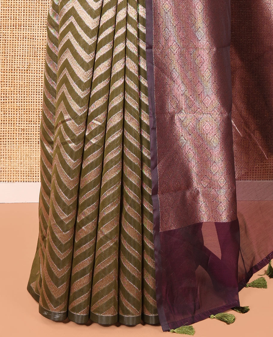 Borderless Green Chanderi Cotton Saree, Enriched with Chevron Zari Stripes on Its Body, Complemented by Contrast Intricate Jaal Pallu, and Paired with Contrast Blouse