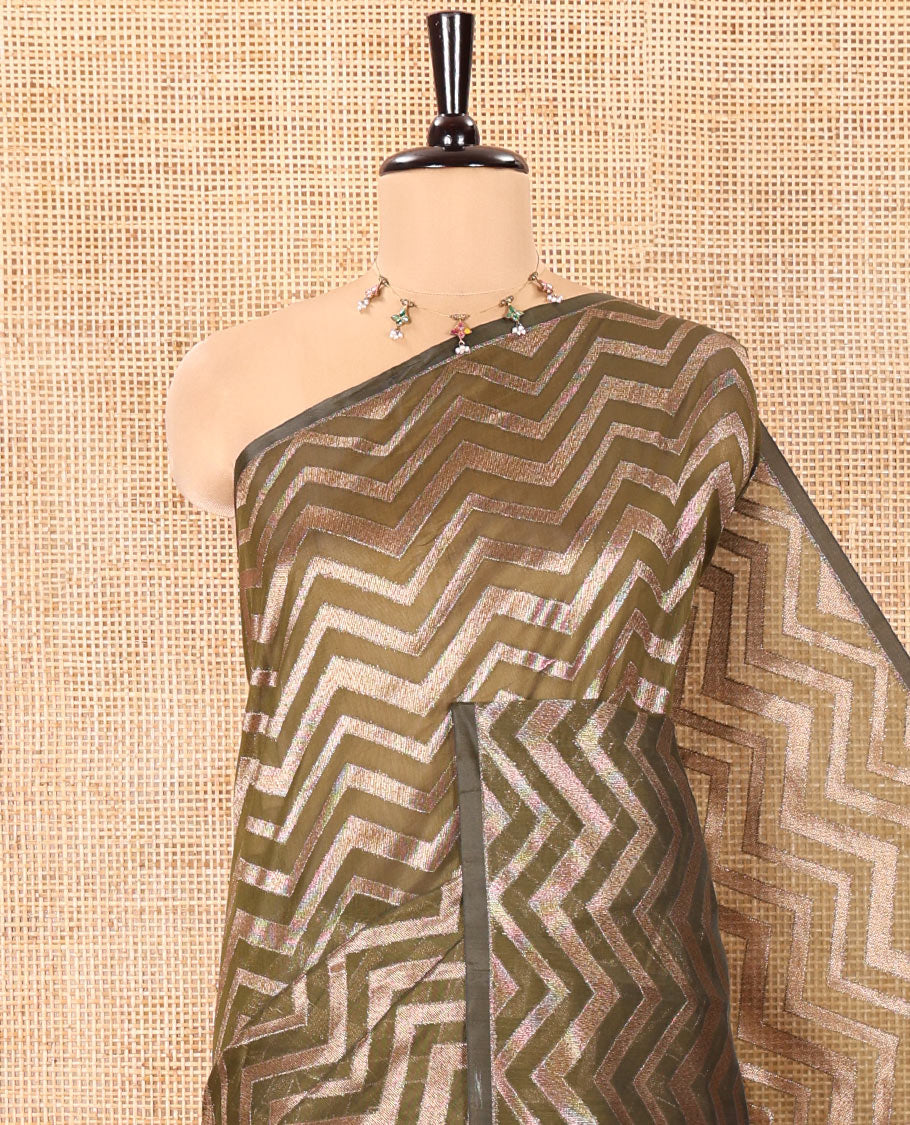 Borderless Green Chanderi Cotton Saree, Enriched with Chevron Zari Stripes on Its Body, Complemented by Contrast Intricate Jaal Pallu, and Paired with Contrast Blouse