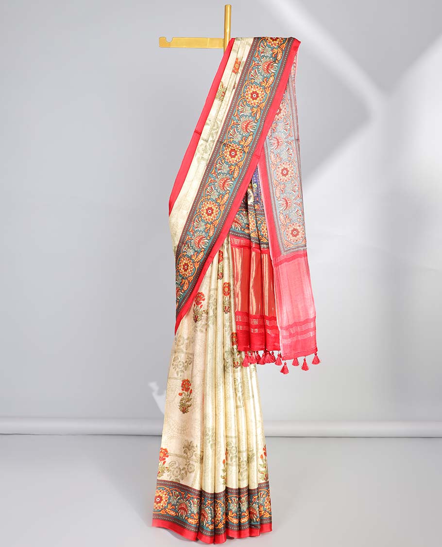Cream floral motifs semi-banaras printed saree with contrast border & floral design with zari border