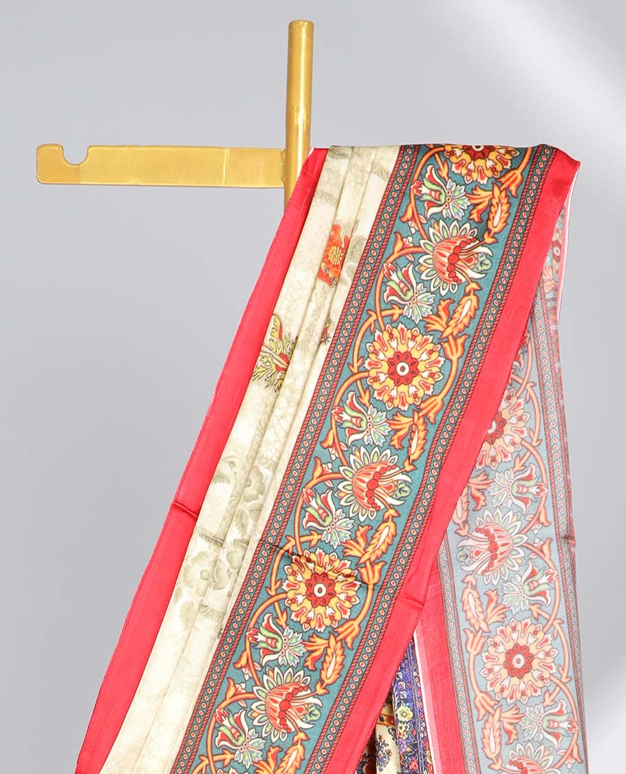 Cream floral motifs semi-banaras printed saree with contrast border & floral design with zari border