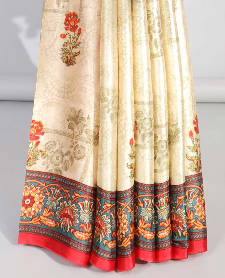 Cream floral motifs semi-banaras printed saree with contrast border & floral design with zari border