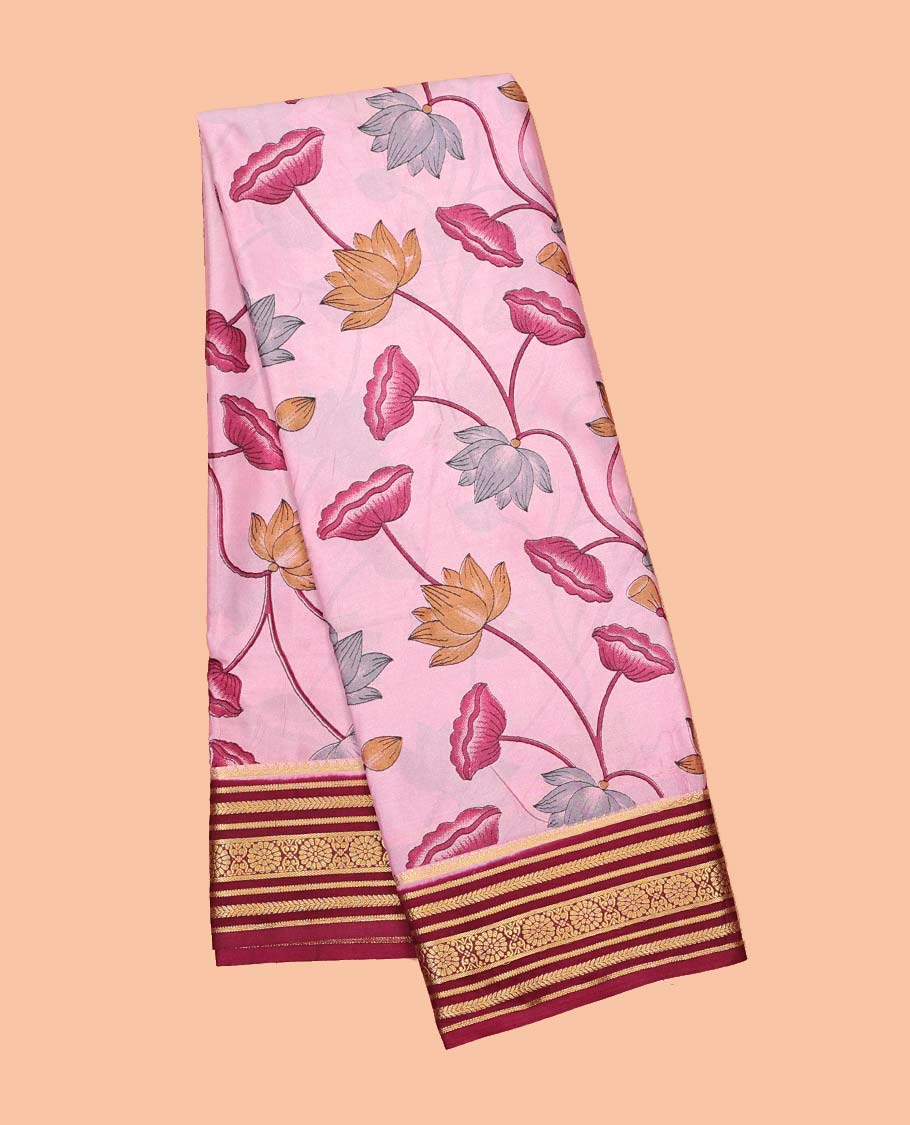 Pink pichwai-style floral vine printed semi-banaras printed saree, contrast traditional design border & striped pallu