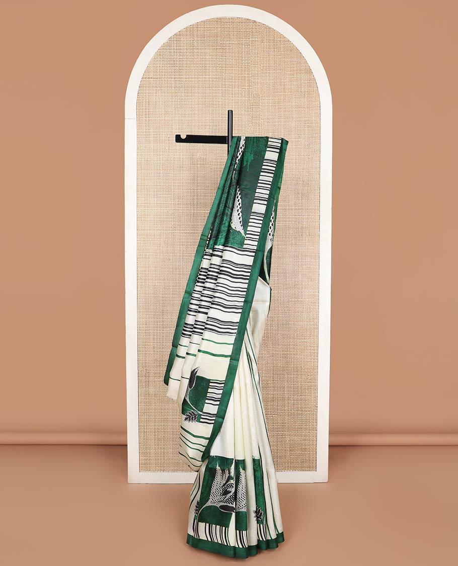 white striped printed silk saree with contrast border & floral design pallu