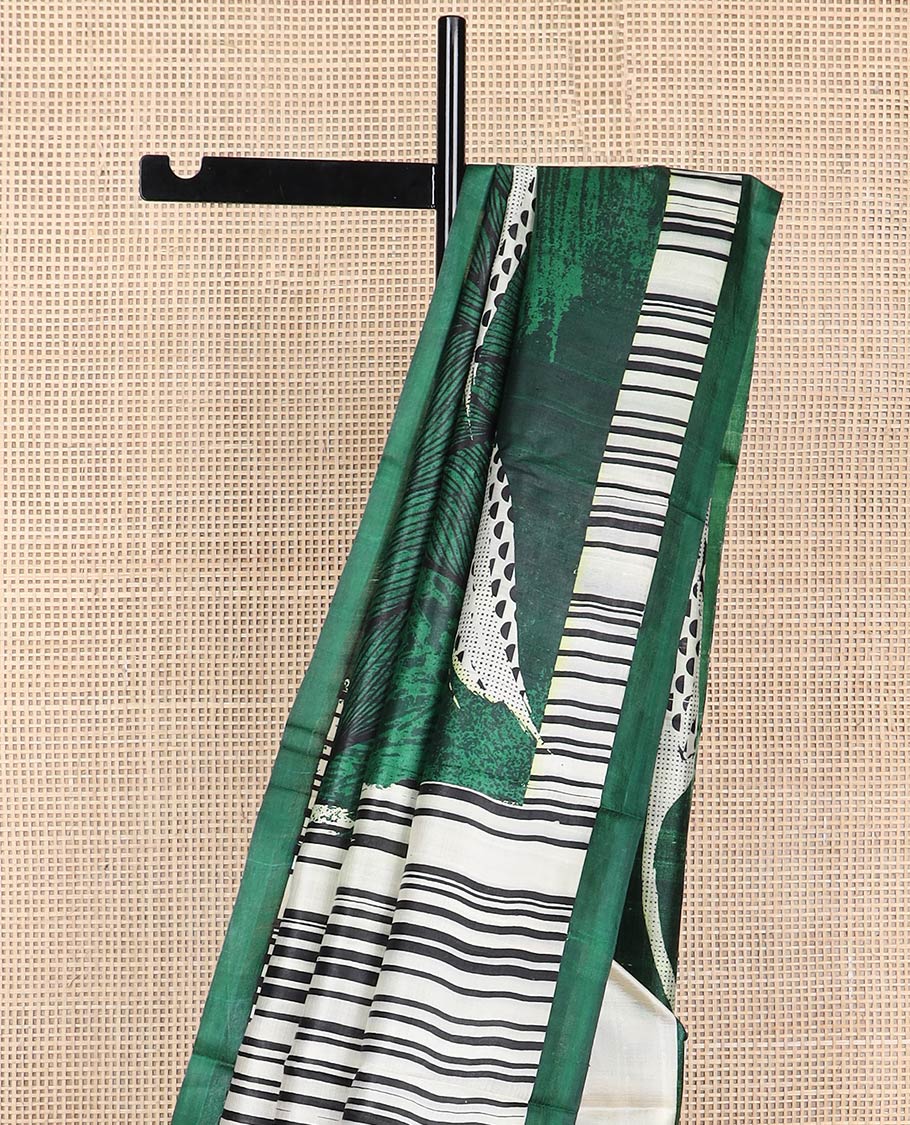 white striped printed silk saree with contrast border & floral design pallu