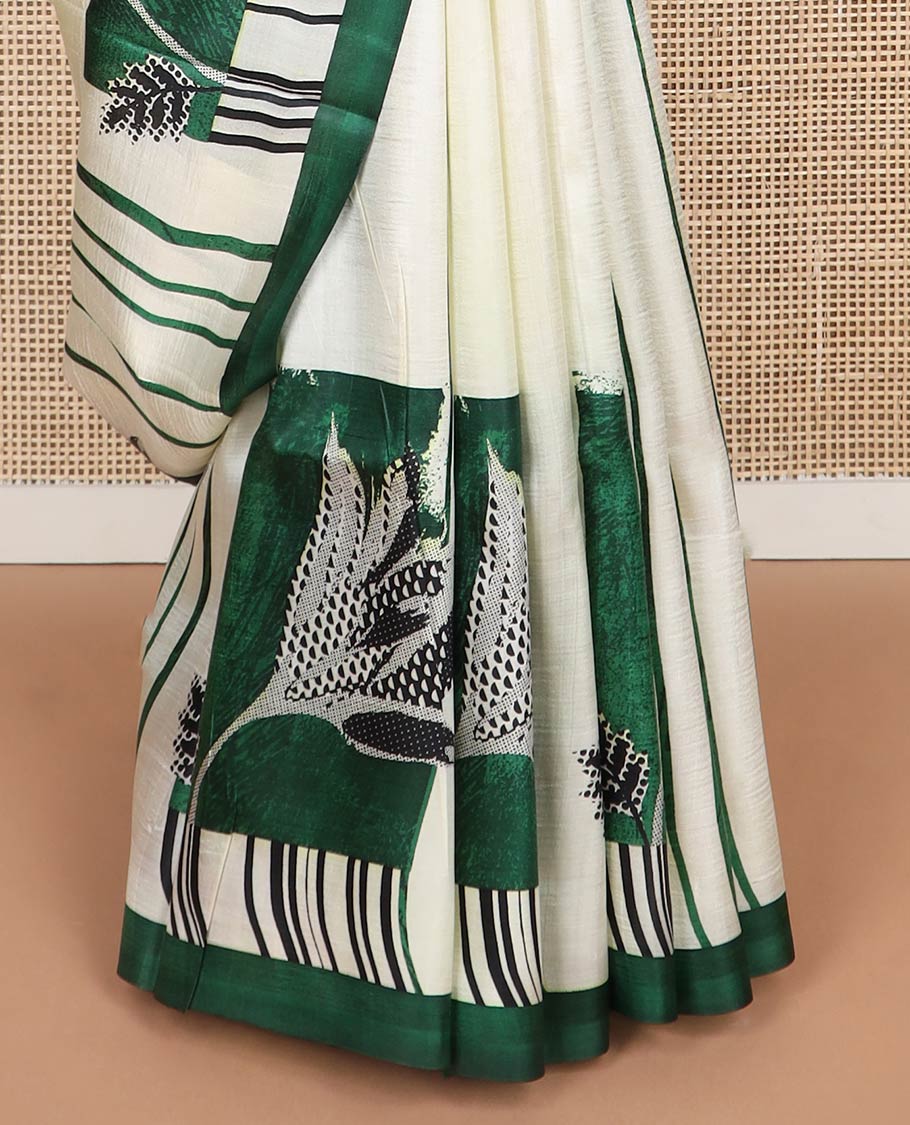 white striped printed silk saree with contrast border & floral design pallu