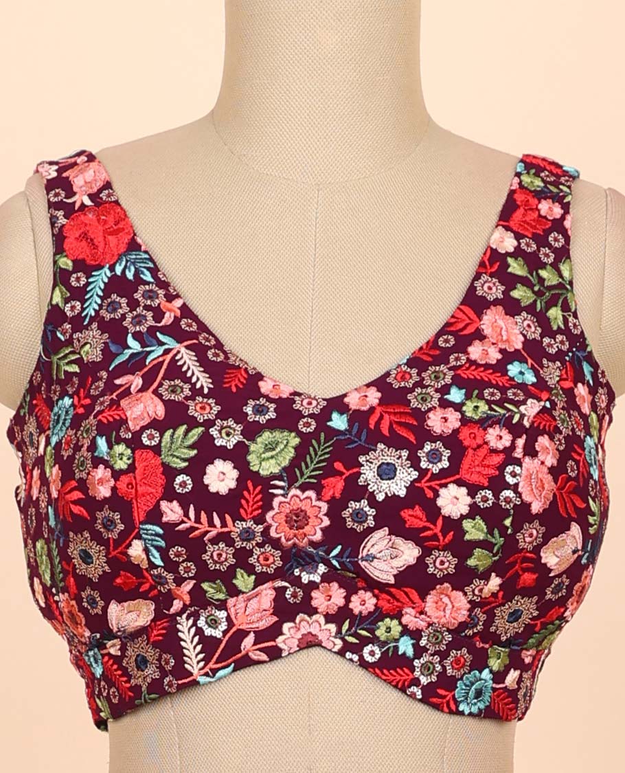 Maroon floral embroidered front & back deep v-neck raw-silk readymade sleeveless blouse