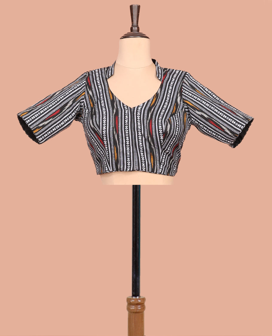 Black Readymade Blouse Featuring Geometric Patterns, a Front Leaf-Neck, Back Collared-Neck, and Elbow Sleeves
