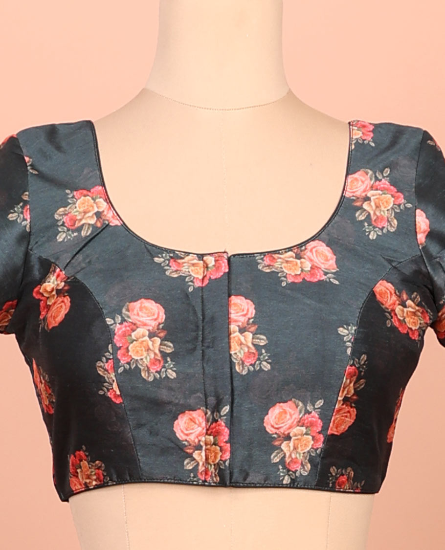 Black rose floral printed front-back round-neck elbow sleeve readymade blouse