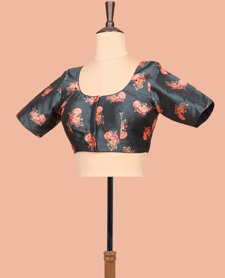 Black rose floral printed front-back round-neck elbow sleeve readymade blouse