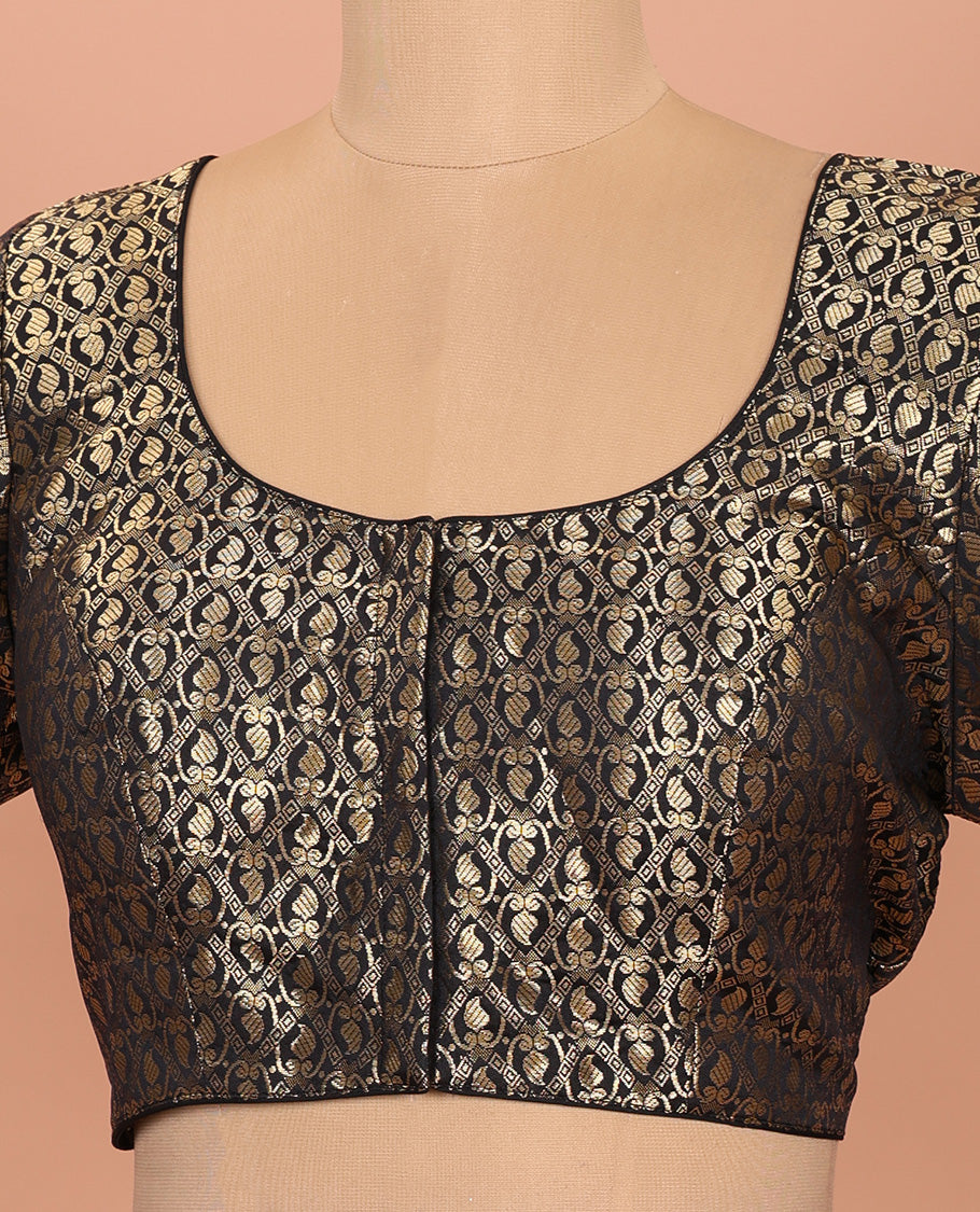 Black paisleys-theme jacquard front-back round neck elbow-sleeve readymade blouse