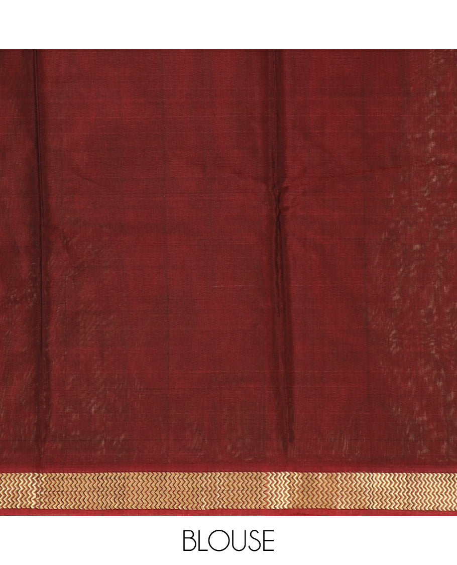 Green Silk Cotton Saree Beautified with Buttas All Over the Body, Complemented by a Contrast Chevron Striped Zari Border, Featuring a Contrast Pallu Steeped With Geometric Designs, and Paired with a Contrast Blouse