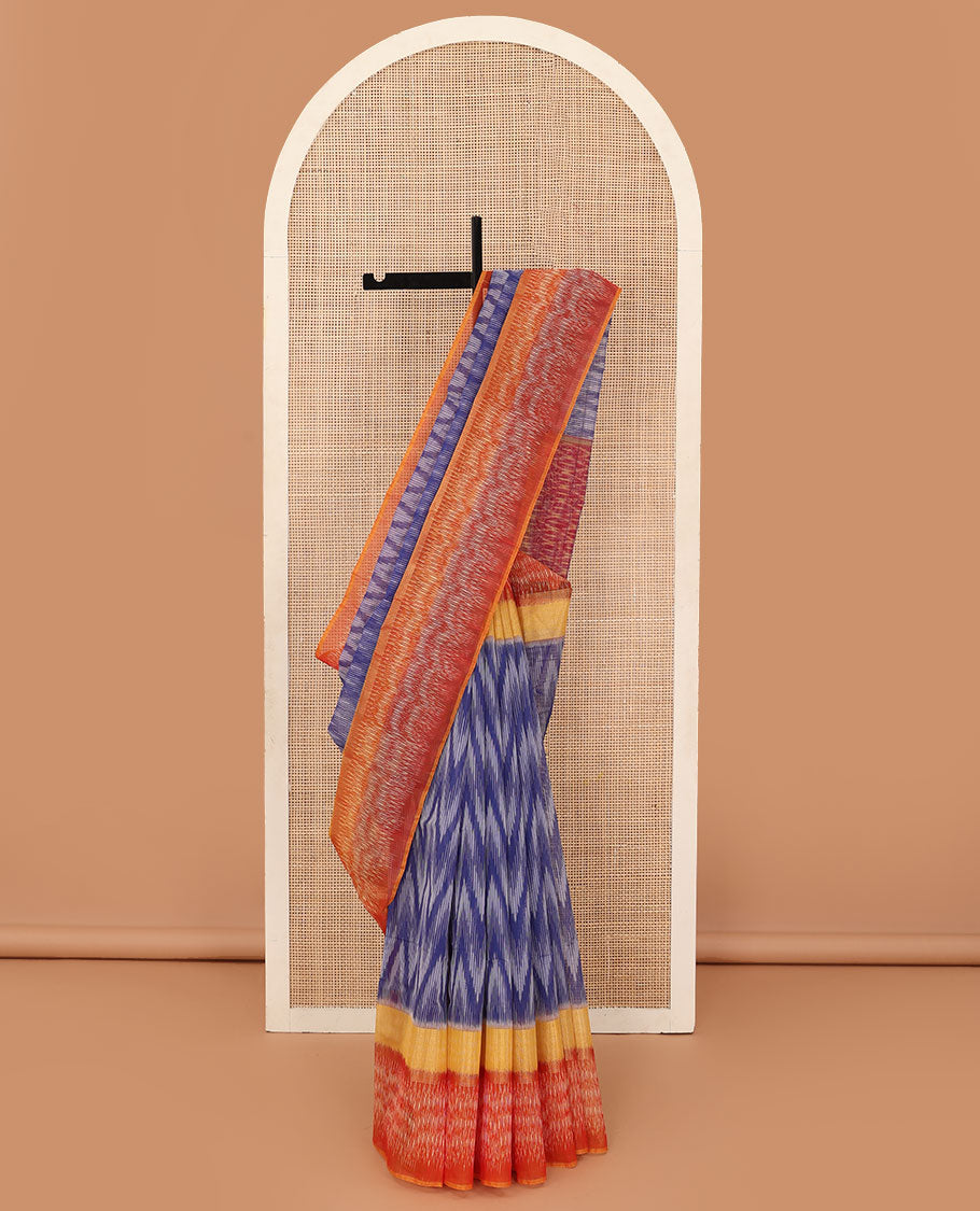 Blue ikkat chevron design silk cotton saree, contrast border of ikkat design, and pallu of ikkat jaal design