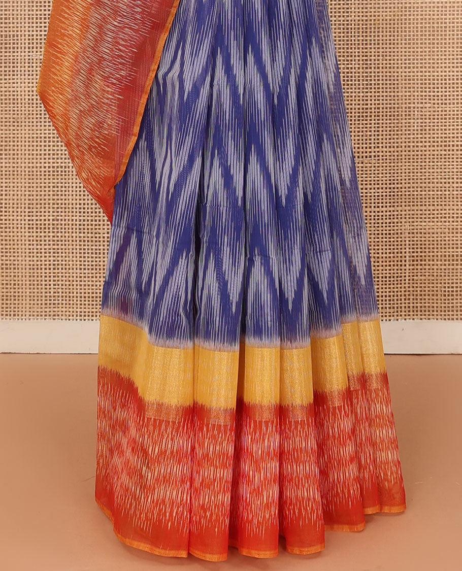 Blue ikkat chevron design silk cotton saree, contrast border of ikkat design, and pallu of ikkat jaal design