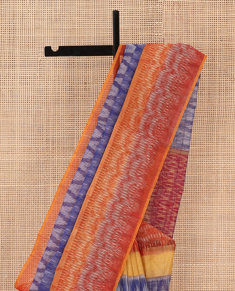 Blue ikkat chevron design silk cotton saree, contrast border of ikkat design, and pallu of ikkat jaal design