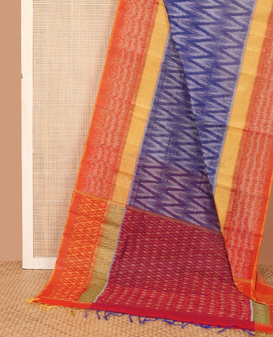 Blue ikkat chevron design silk cotton saree, contrast border of ikkat design, and pallu of ikkat jaal design