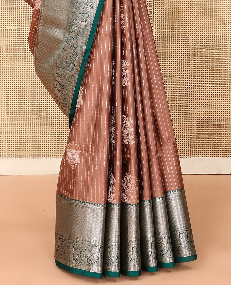 Brown zari buttas soft silk saree, contrast traditional zari design border, and intricate pallu