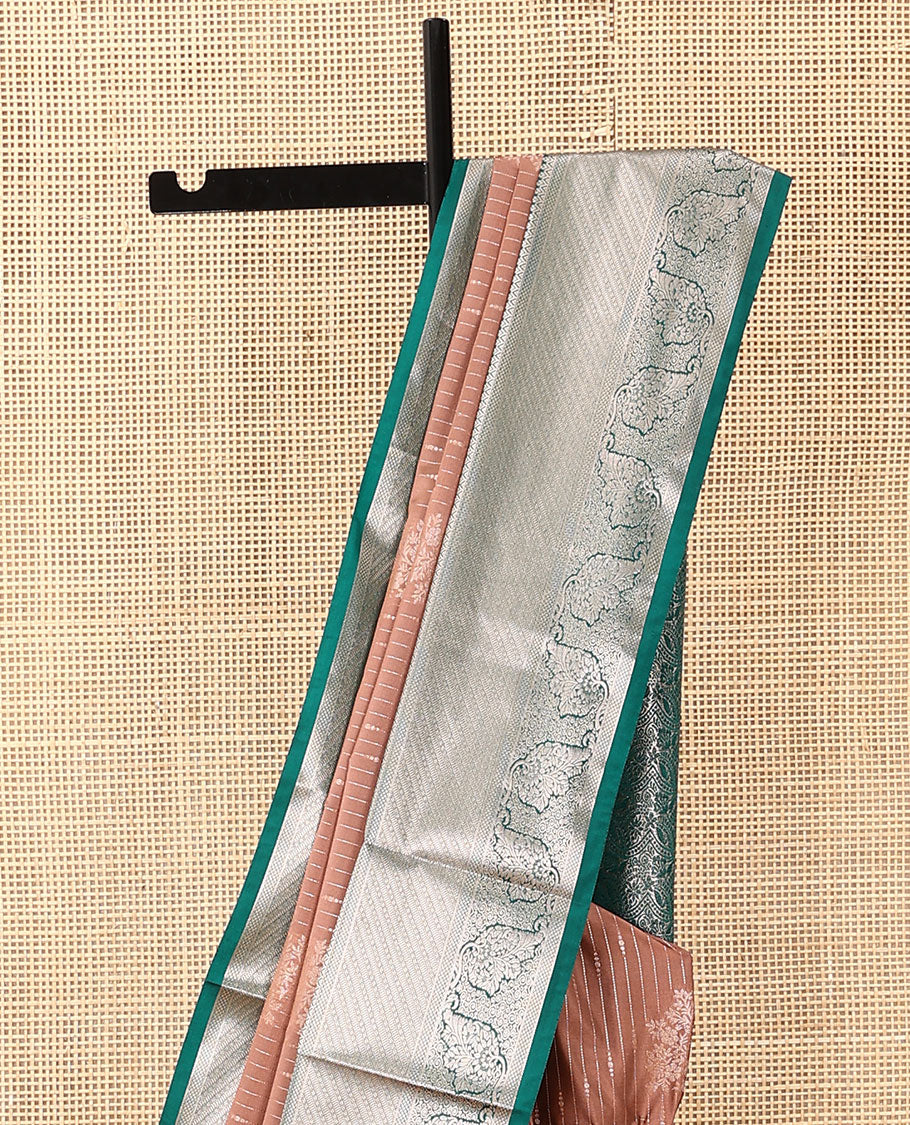 Brown zari buttas soft silk saree, contrast traditional zari design border, and intricate pallu