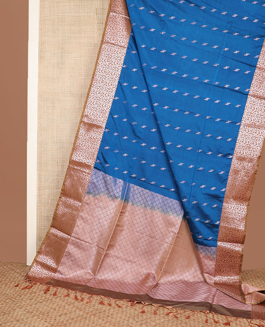 Blue zari buttas soft silk saree, contrast floral design zari border, and jaal pallu
