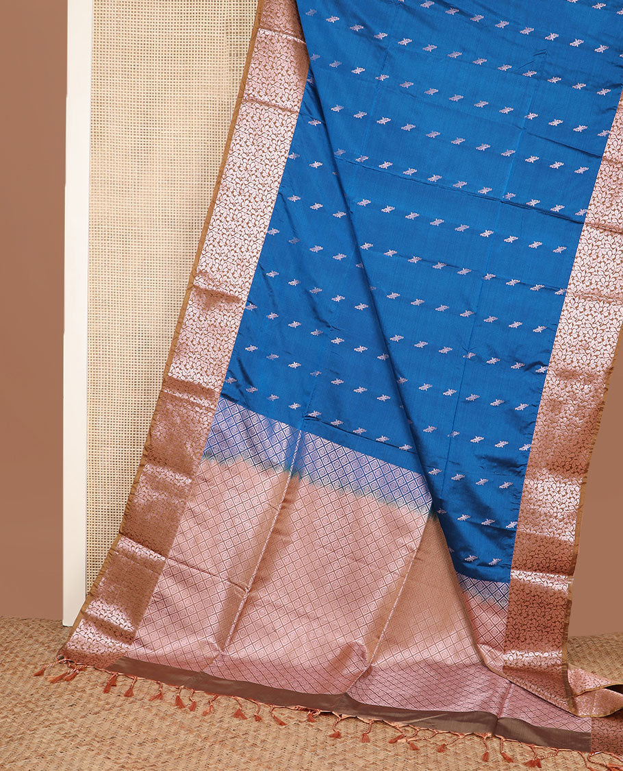Blue zari buttas soft silk saree, contrast floral design zari border, and jaal pallu