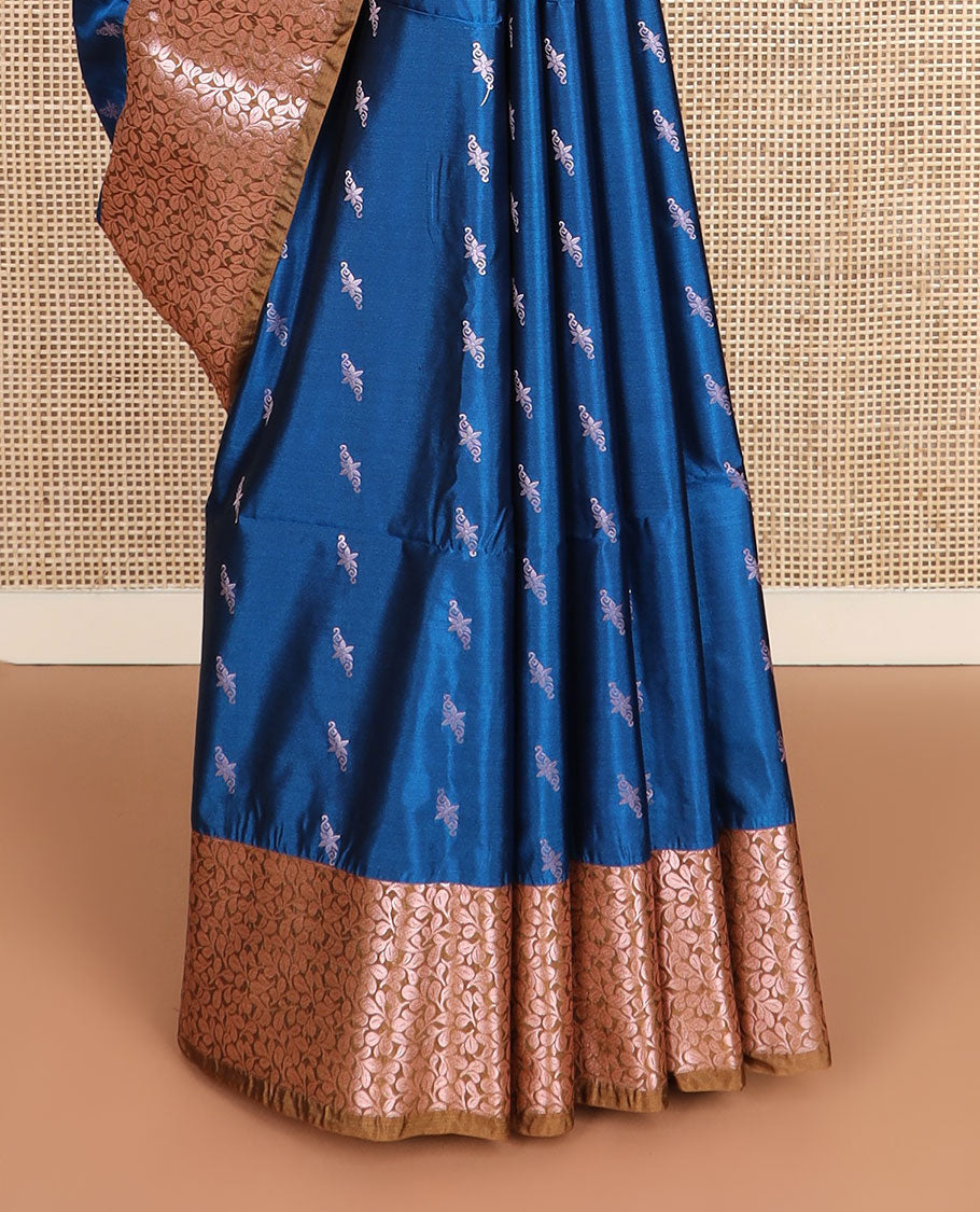 Blue zari buttas soft silk saree, contrast floral design zari border, and jaal pallu