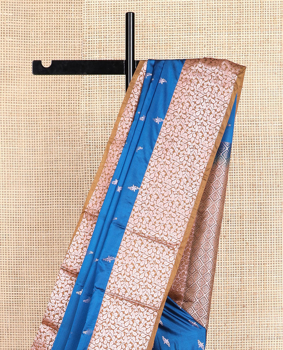 Blue zari buttas soft silk saree, contrast floral design zari border, and jaal pallu