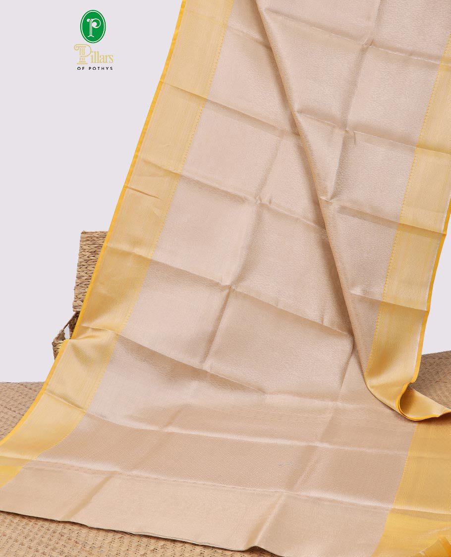 Beige motifs semi tissue saree with contrast zari design border & intricate zari design pallu
