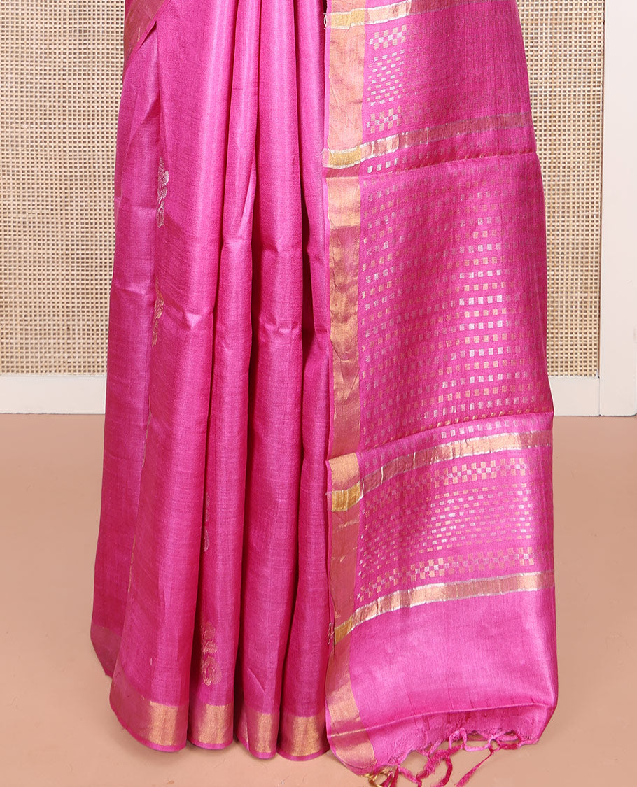 Rani Pink Tussar Silk Saree, Spotlighted with Buttas on Its Body, Piping Border, Pallu Features Zari Checks, and Paired with a Matching Blouse