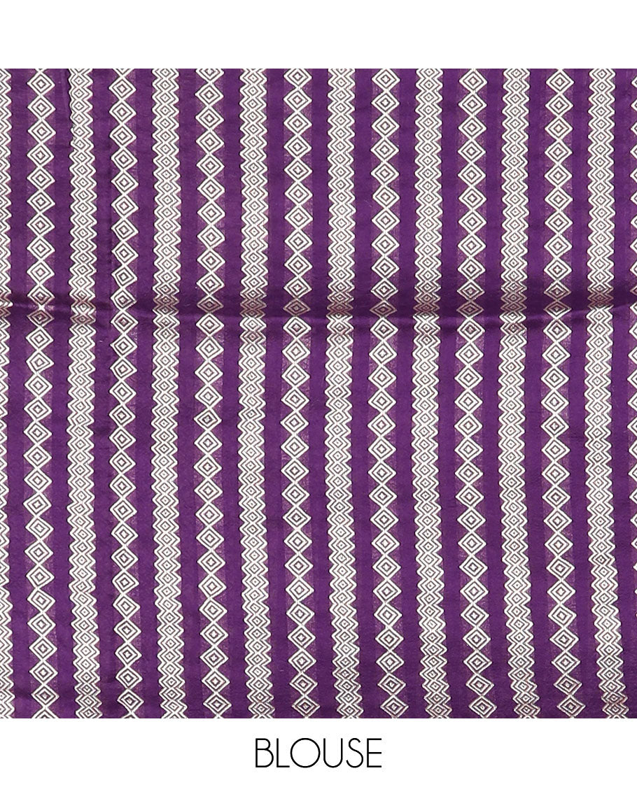 Purple meenakari floral motifs Matka silk saree, scallop floral meenakari design border