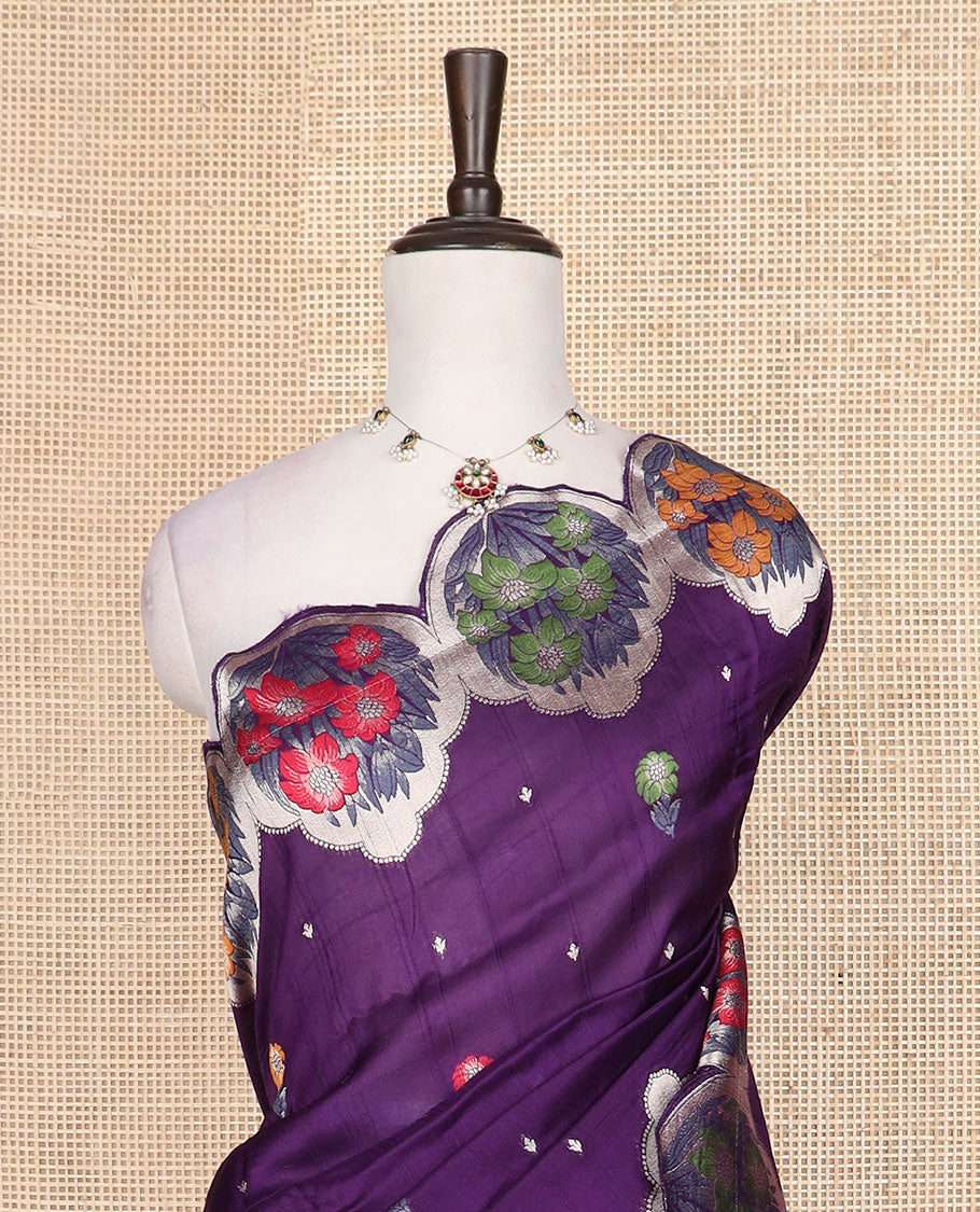 Purple meenakari floral motifs Matka silk saree, scallop floral meenakari design border