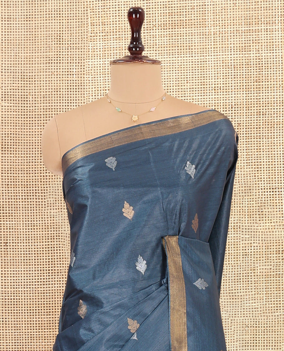 Blue-Grey Tussar Saree, Woven with Buttas, a Piping Border, Floral Vine-Woven Pallu, and a Matching Blouse