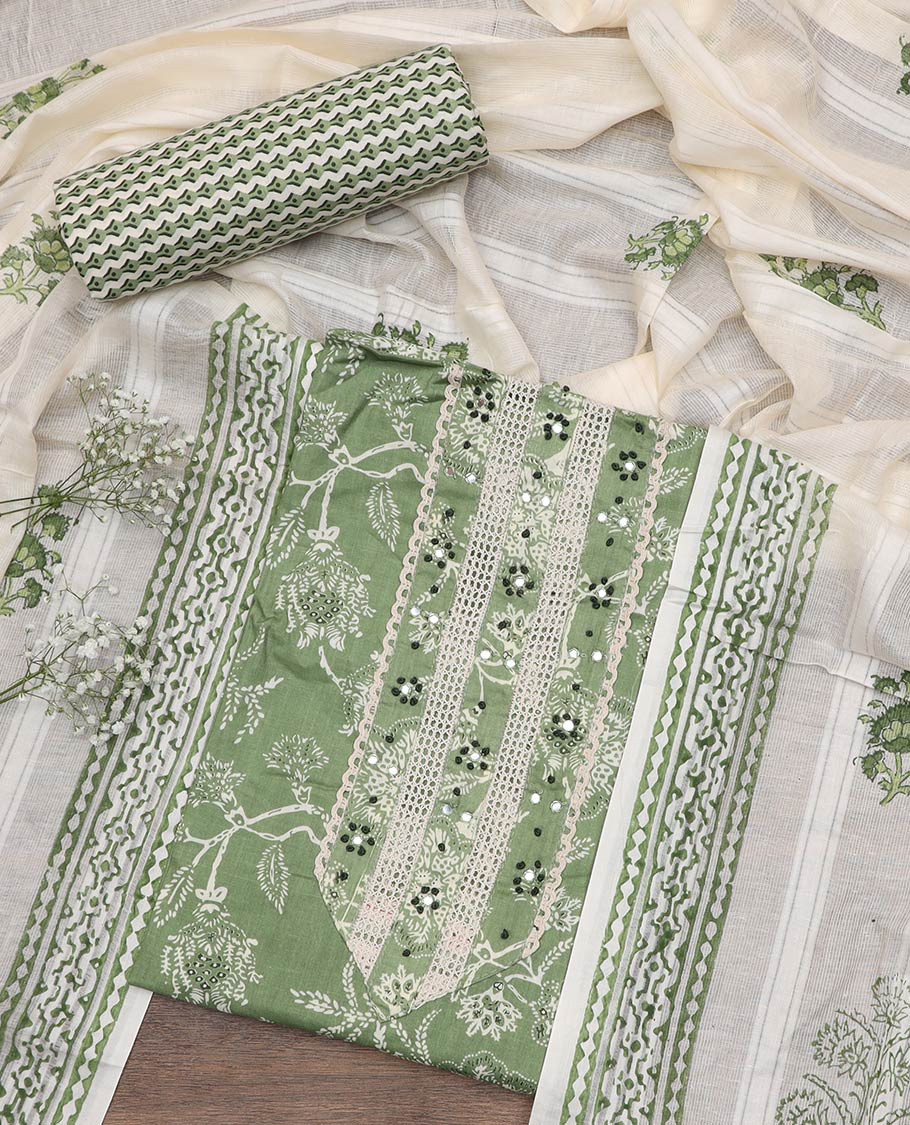 Green material chudidar set, floral print with embroidered top, printed bottom and floral motifs printed dupatta