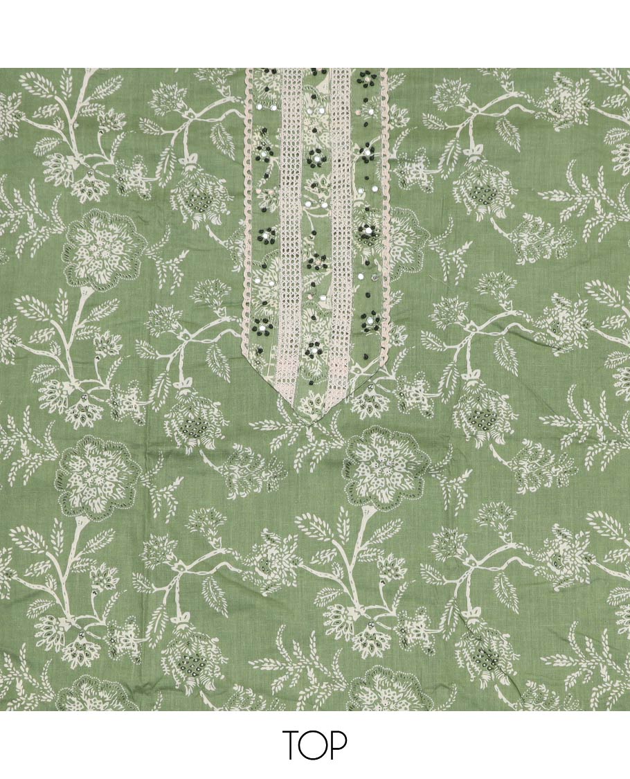 Green material chudidar set, floral print with embroidered top, printed bottom and floral motifs printed dupatta