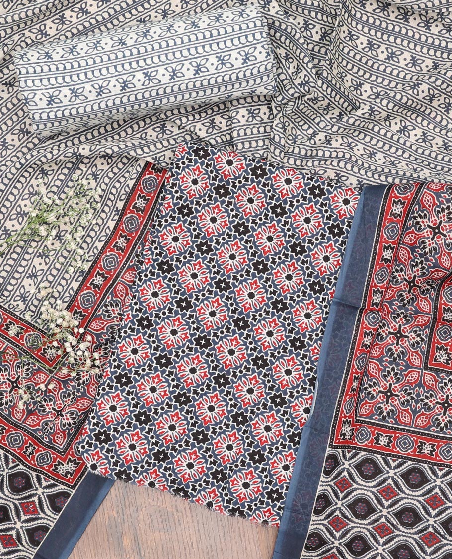 Blue chudidhar material set , argyle design top with intricate design bottom & floral design dupatta