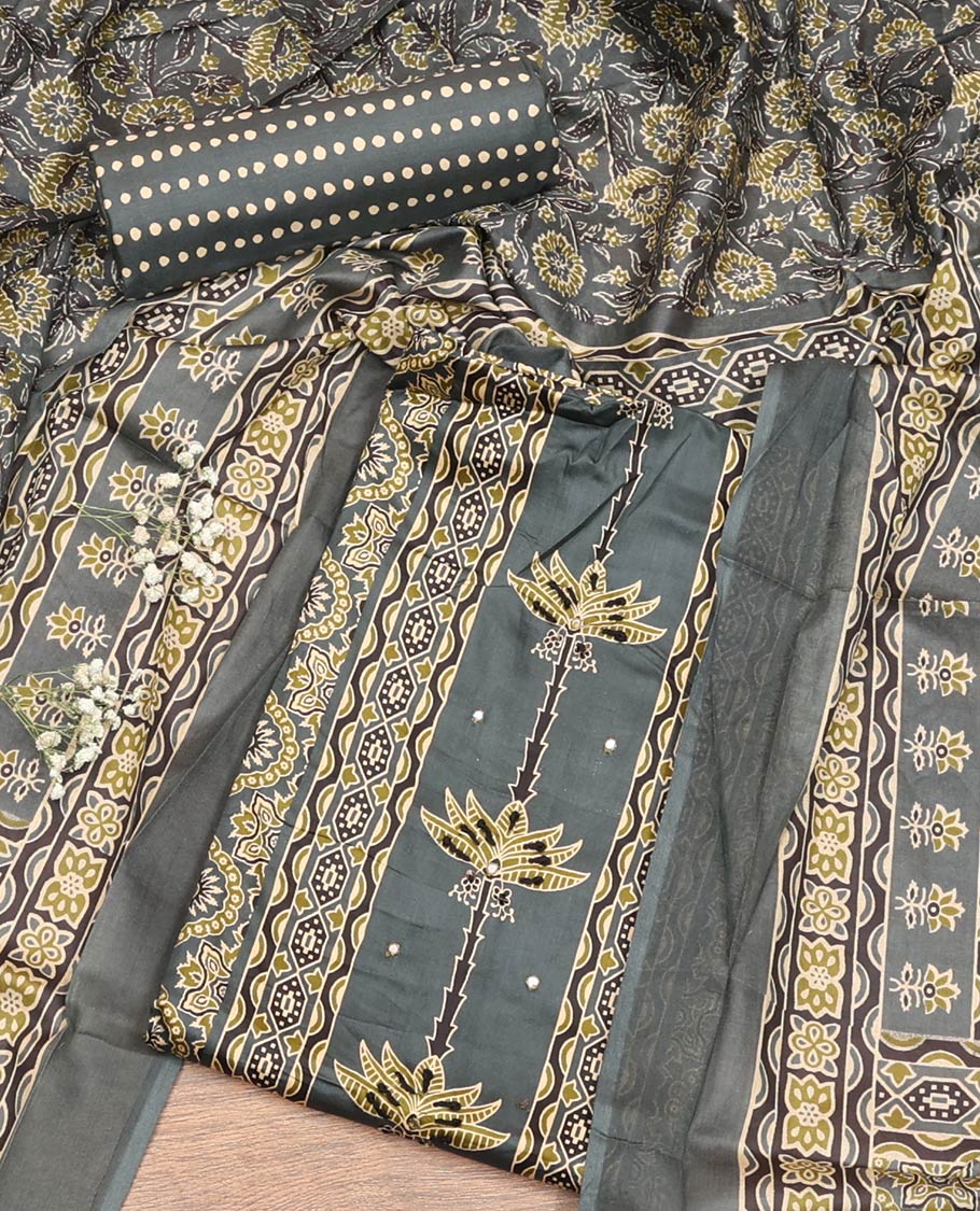 Grey Material Chudidar Set, Artfully Detailed with Ajrakh Printed Cotton Top, Complemented by Printed Cotton Bottom, and Paired with Floral Printed Cotton Dupatta