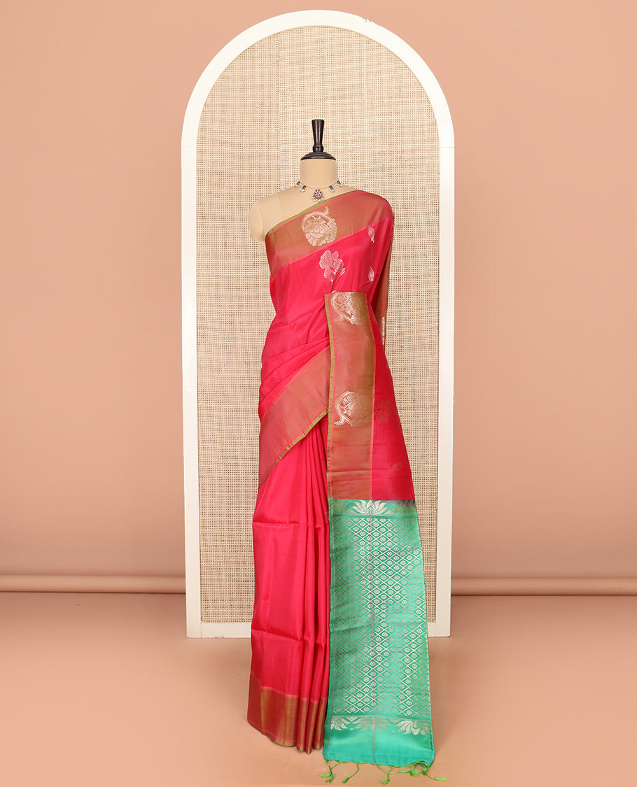 Red Semi Uppada Saree Enlivened with Zari Buttas, Complemented by a Contrasting Zari Design Border, Contrast Pallu Featuring Floral Butta Enclosed Jaal Design, and Paired with a Contrast Blouse