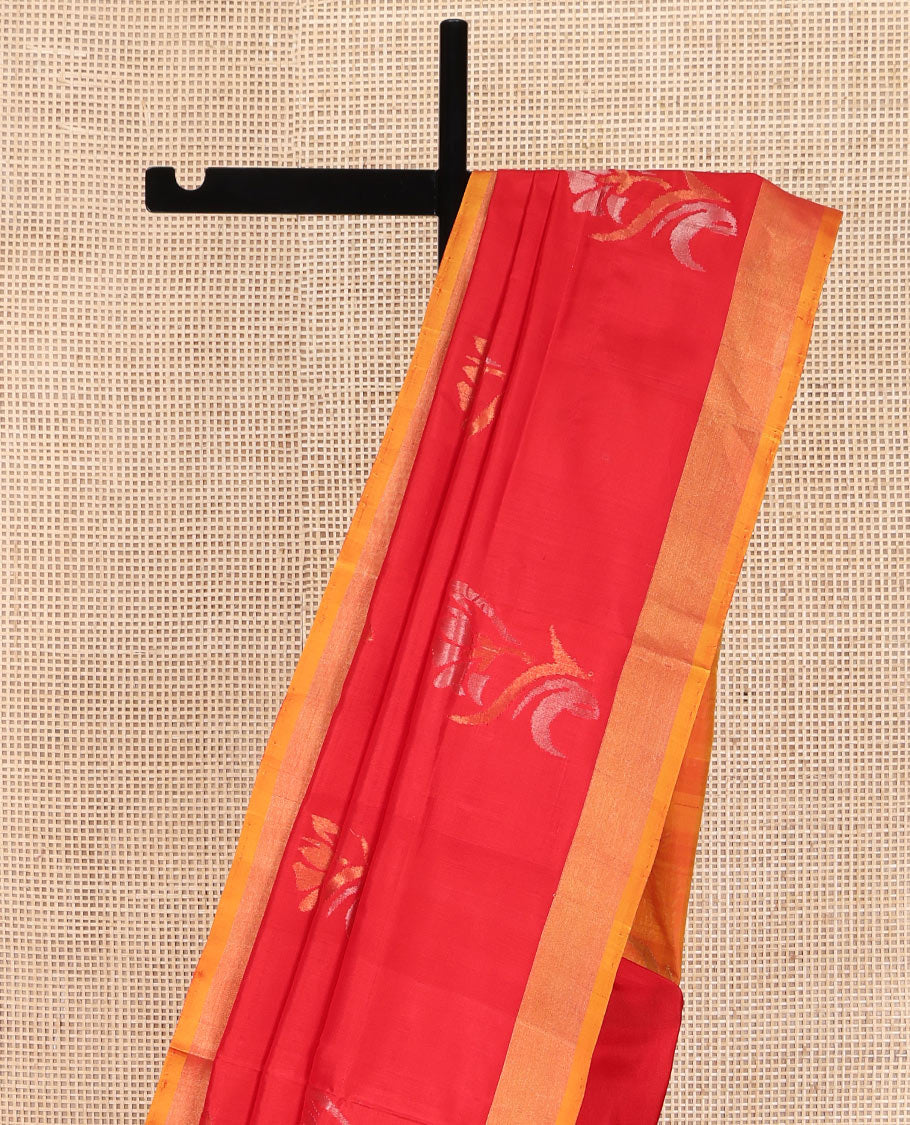 Red Uppada Silk Saree, Elevated with Floral Buttas on Its Body, Complemented by a Contrast Plain Border, Pallu of Floral Designs, and Paired with a Contrast Blouse