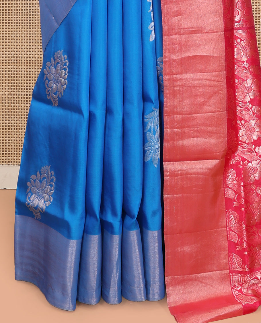 Blue Uppada Saree, Delicately Woven with Floral Buttas, a Bavanji Border, Contrast Intricate Pallu, and a Contrast Blouse