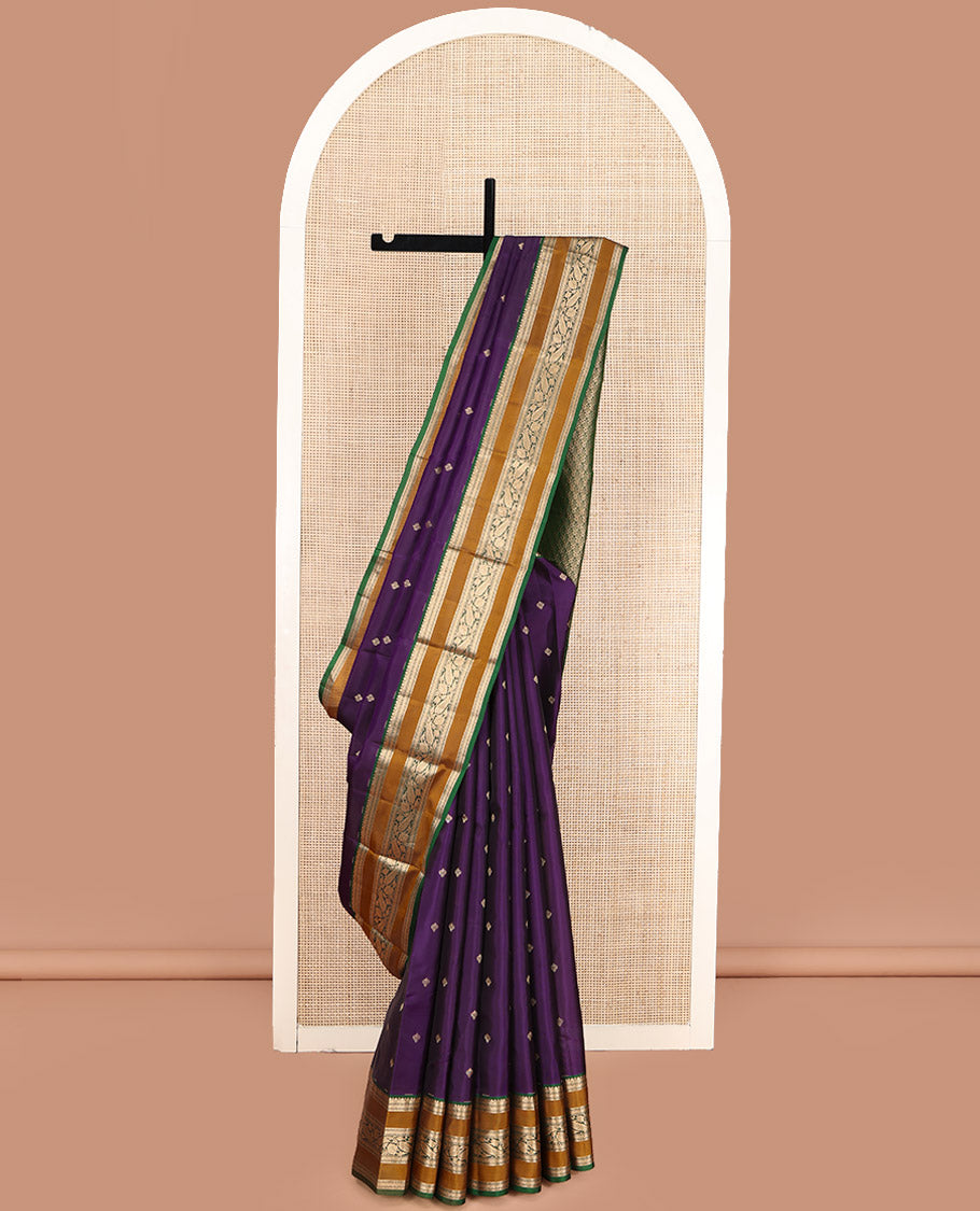 Violet Vasundhara Lite Silk Mix Saree, Beautified with Zari Buttas, Complemented by a Contrast Varisai Pettu Border of Muthu, Neli, and Kodi Visiry Designs, Gracefully Embellished Pallu, and Paired with a Contrast Blouse