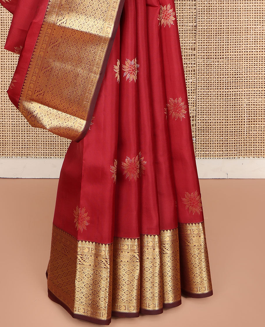 Red Vasundhara Lite Silk Mix Saree, Beautified with Zari Buttas on Its Body, Complemented by a Contrast Border of Manga, Kodi Visiry, and Jaal Designs, Mughal-Style Intricately Designed Pallu, and Paired with a Contrast Blouse
