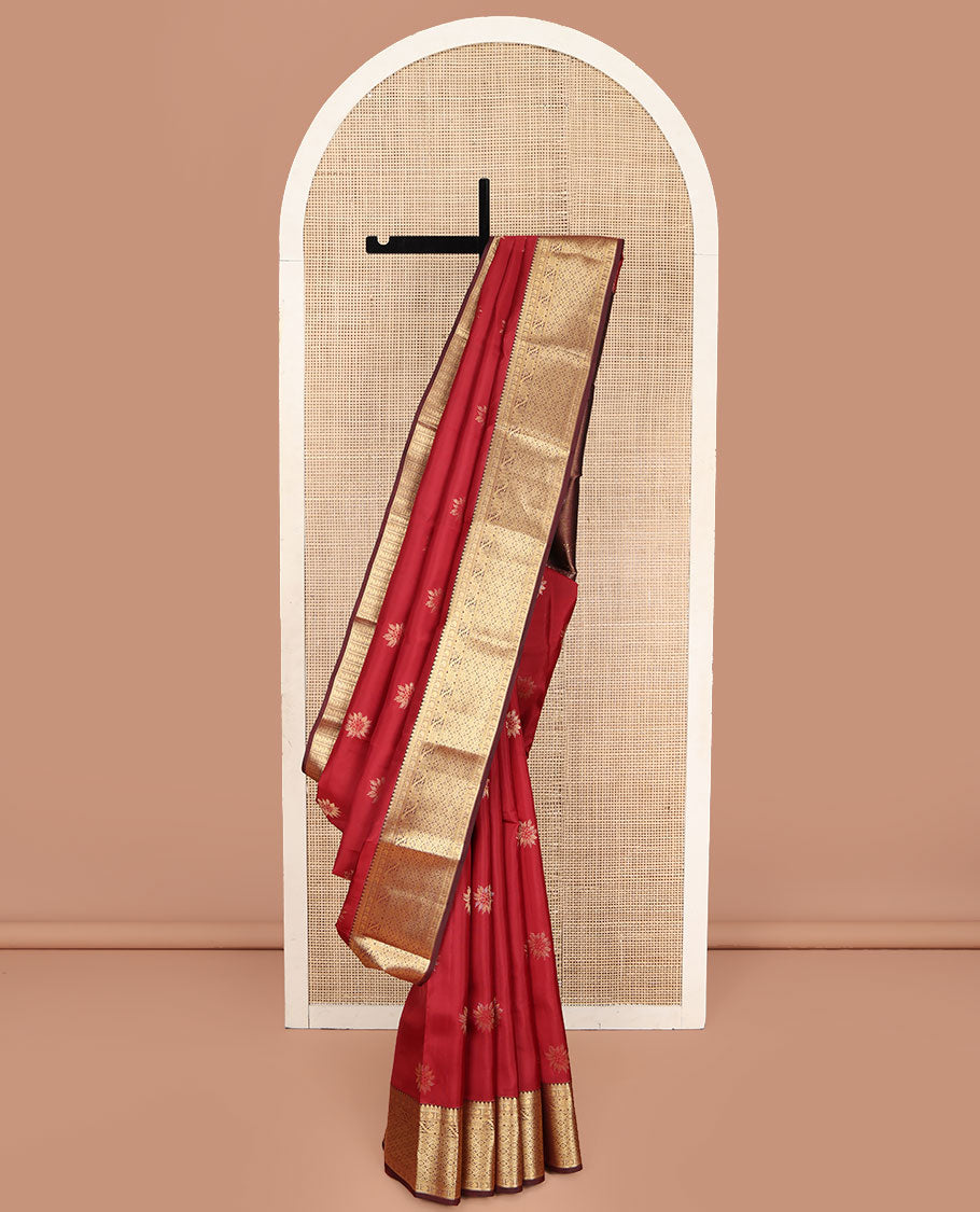 Red Vasundhara Lite Silk Mix Saree, Beautified with Zari Buttas on Its Body, Complemented by a Contrast Border of Manga, Kodi Visiry, and Jaal Designs, Mughal-Style Intricately Designed Pallu, and Paired with a Contrast Blouse