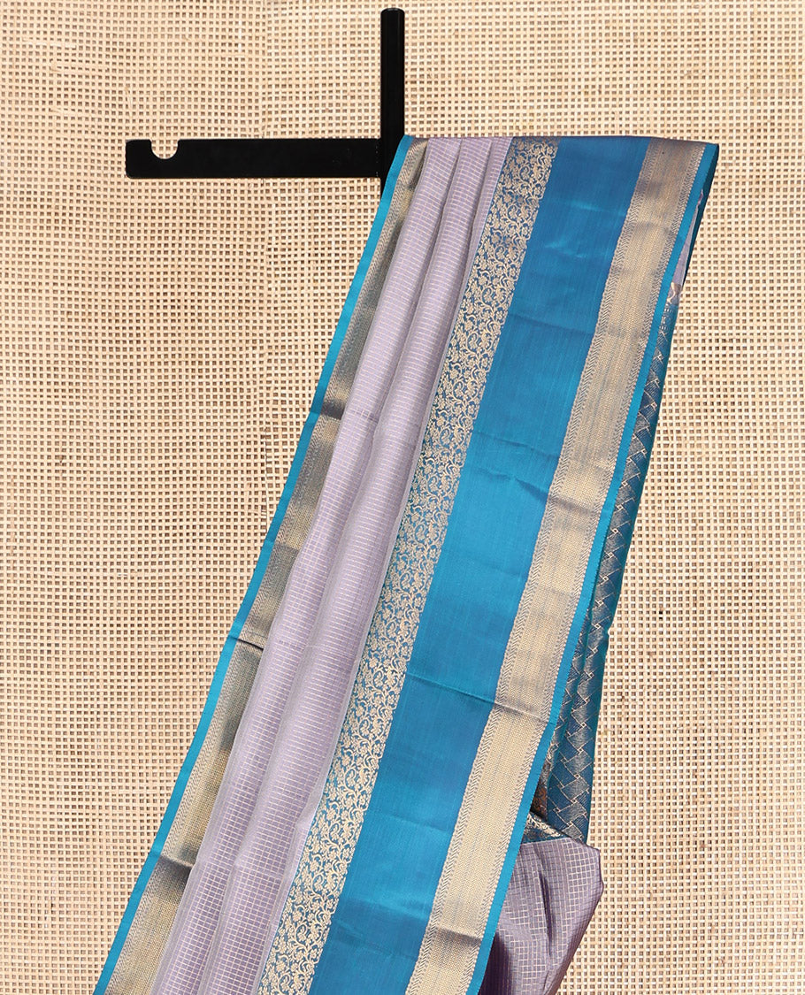 Grey Vasundhara Lite Silk Mix Saree, Highlighted by Zari Checks, Complemented by a Contrast Rettai Pettu Traditional Border, Paiyaadi Kattam Pallu, and a Contrast Blouse