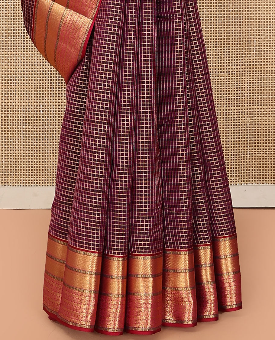 Purple Vasundhara Lite Silk Mix Saree, Decked Up with Zari Checks on Its Body, Complemented by a Contrast Border of Stripes and Kamalam Designs, Intricately Designed Pallu, and Paired with a Contrast Blouse