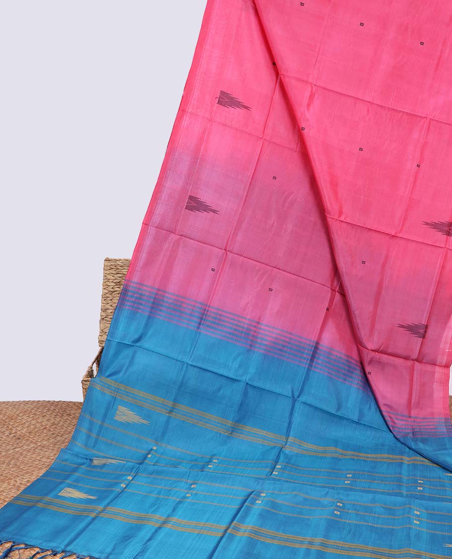 Borderless pink temple motifs banana pith saree & striped temple motifs pallu