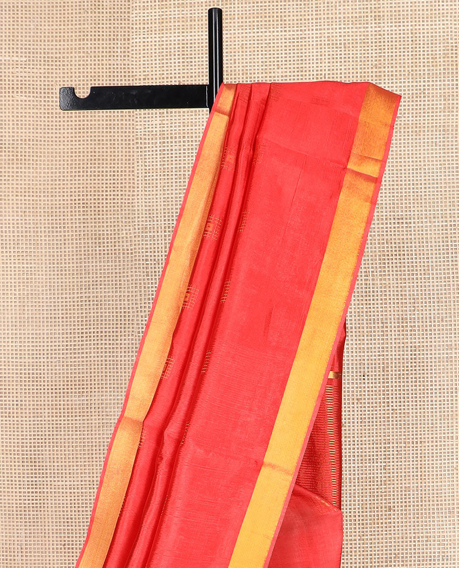 Red buttas banana pith saree, bavanji zari border, and zari striped pallu