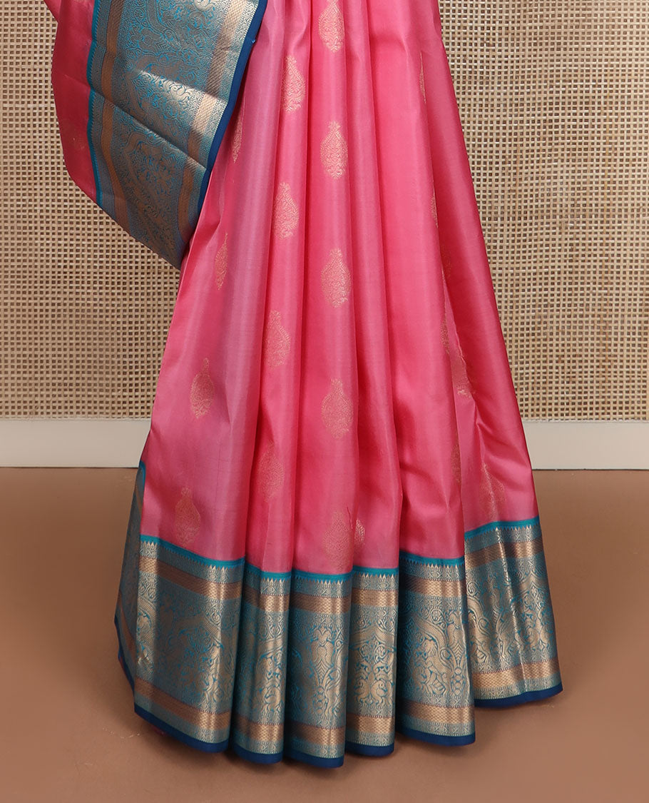 Pink zari buttas silk saree, contrast border of rekku,muthu,dhavana kodi,kuyil kann,mayil & iru thalai pakshi & pallu of traditional designs